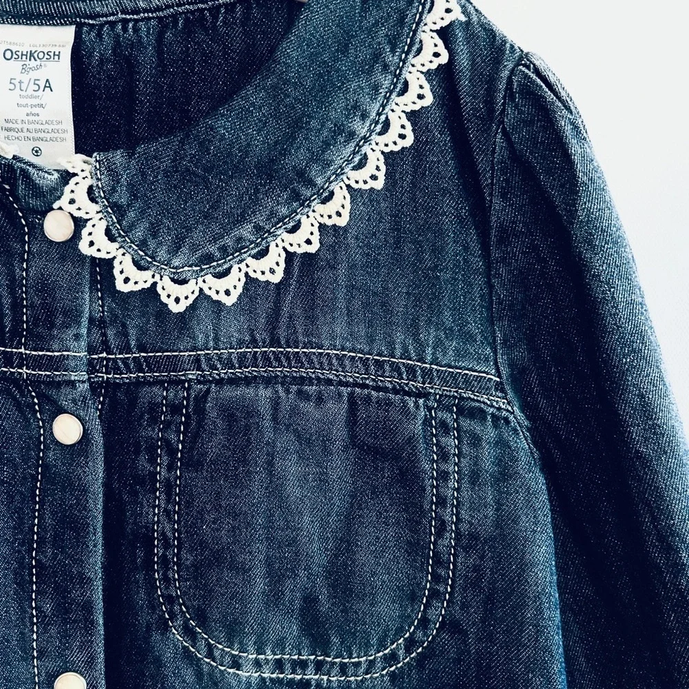 OshKosh B’gosh Girls Denim Button-Up Top w/ Lace Collar – Size 5T